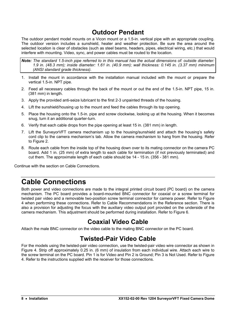 Outdoor pendant, Cable connections, Coaxial video cable | Twisted-pair video cable | Nikon XX152-02-00 User Manual | Page 18 / 36