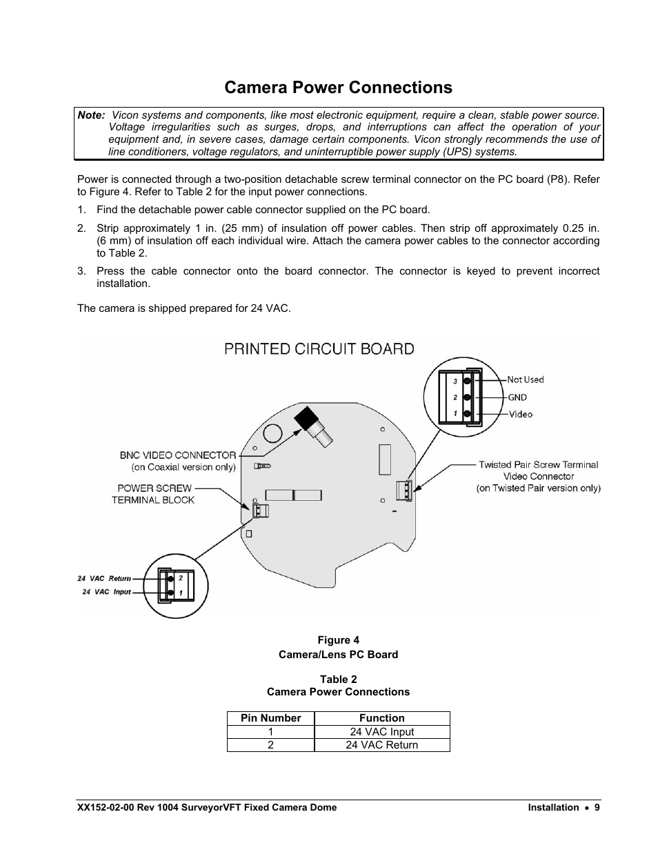 Camera power connections, Outdoor pendant, Cable connections | Coaxial video cable | Nikon XX152-02-00 User Manual | Page 19 / 36