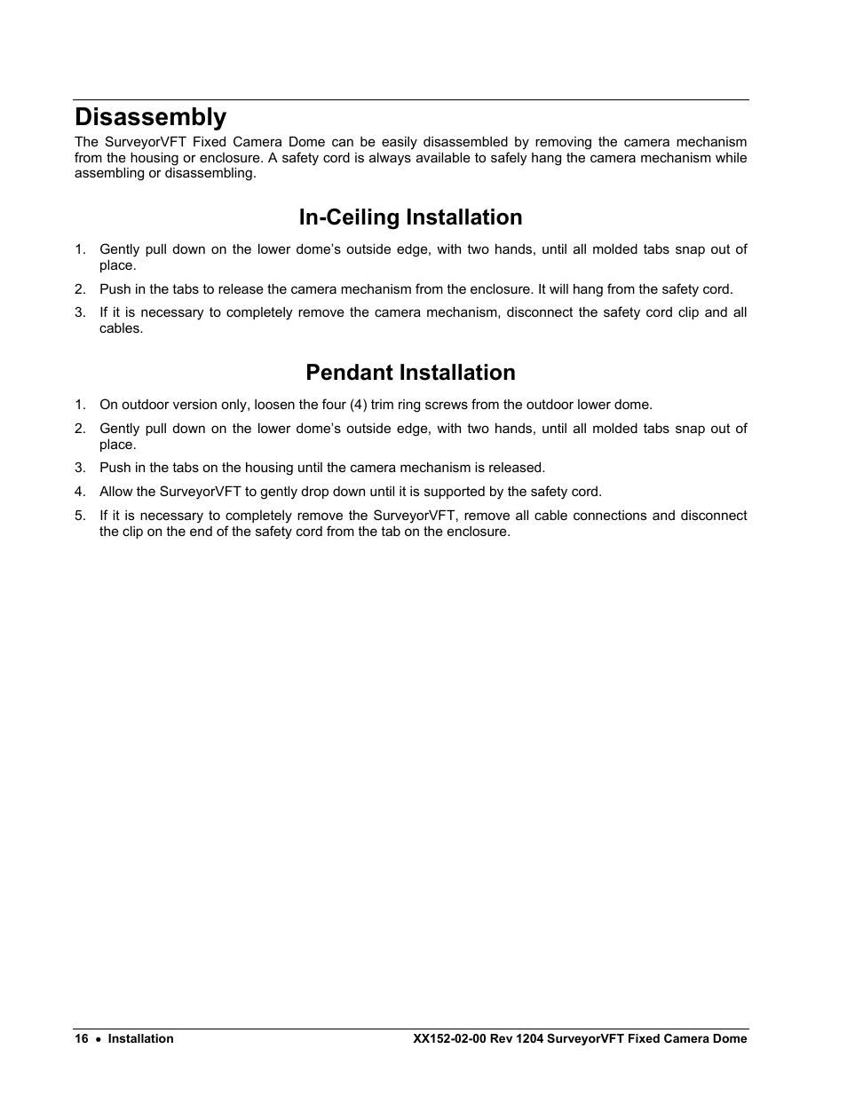 Disassembly, In-ceiling installation, Pendant installation | Nikon XX152-02-00 User Manual | Page 26 / 36