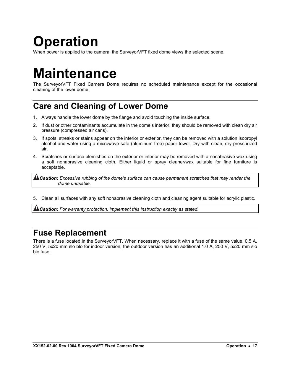 Operation, Maintenance, Care and cleaning of lower dome | Fuse replacement | Nikon XX152-02-00 User Manual | Page 27 / 36