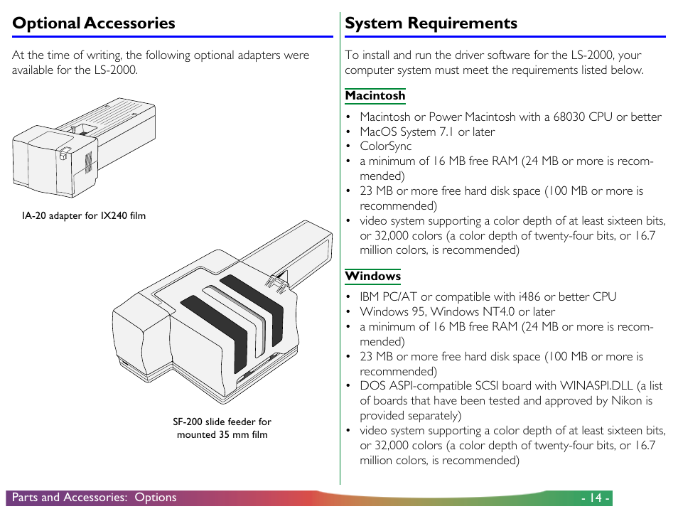 Optional accessories, System requirements, Optional accessories system requirements | Nikon LS-2000 User Manual | Page 14 / 56