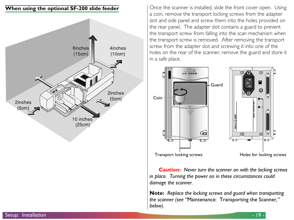 Transport locking screws, Holes for locking screws guard coin | Nikon LS-2000 User Manual | Page 19 / 56