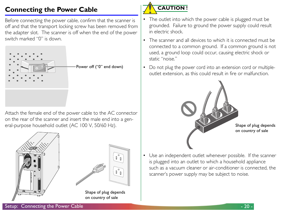 Connecting the power cable, 20 - setup: connecting the power cable, Power off (“0” end down) | Shape of plug depends on country of sale | Nikon LS-2000 User Manual | Page 20 / 56