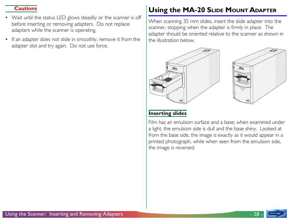 Using the ma-20 slide mount adapter, Using the ma-20 s, Lide | Ount, Dapter | Nikon LS-2000 User Manual | Page 28 / 56