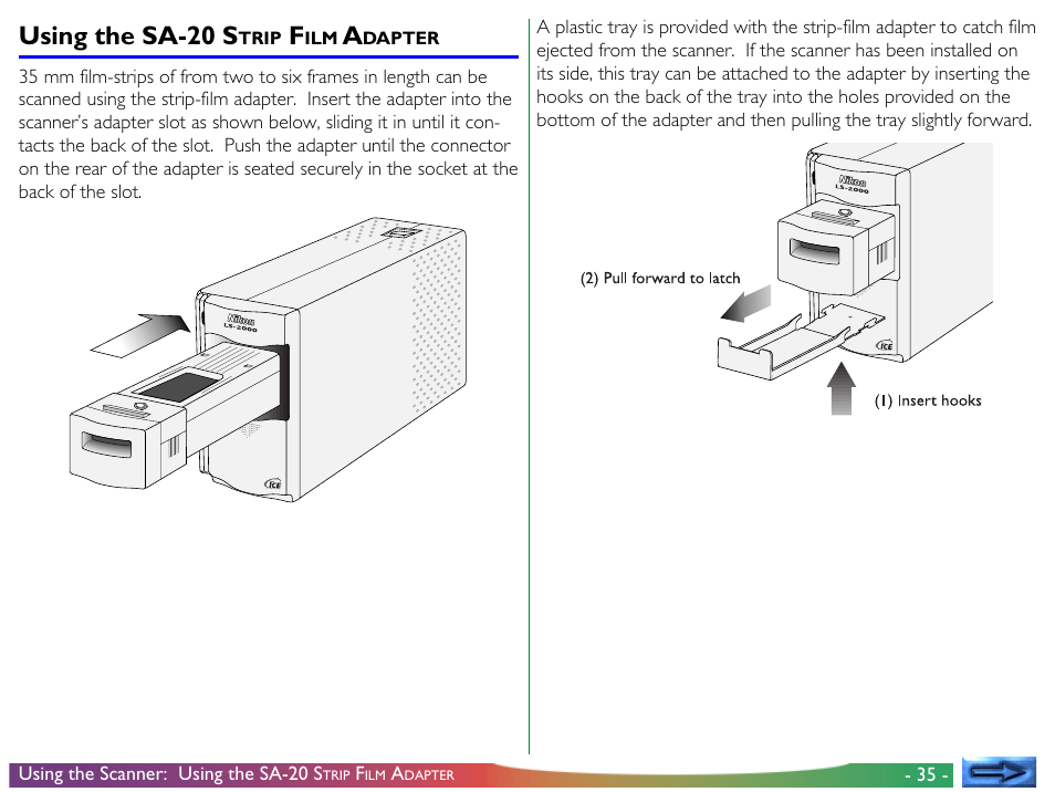 Using the sa-20 strip film adapter, Using the sa-20 s, Trip | Dapter | Nikon LS-2000 User Manual | Page 35 / 56