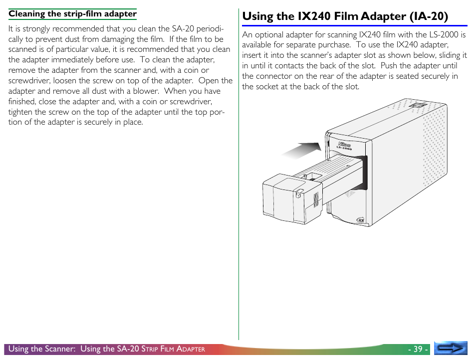 Using the ix240 film adapter (ia-20) | Nikon LS-2000 User Manual | Page 39 / 56