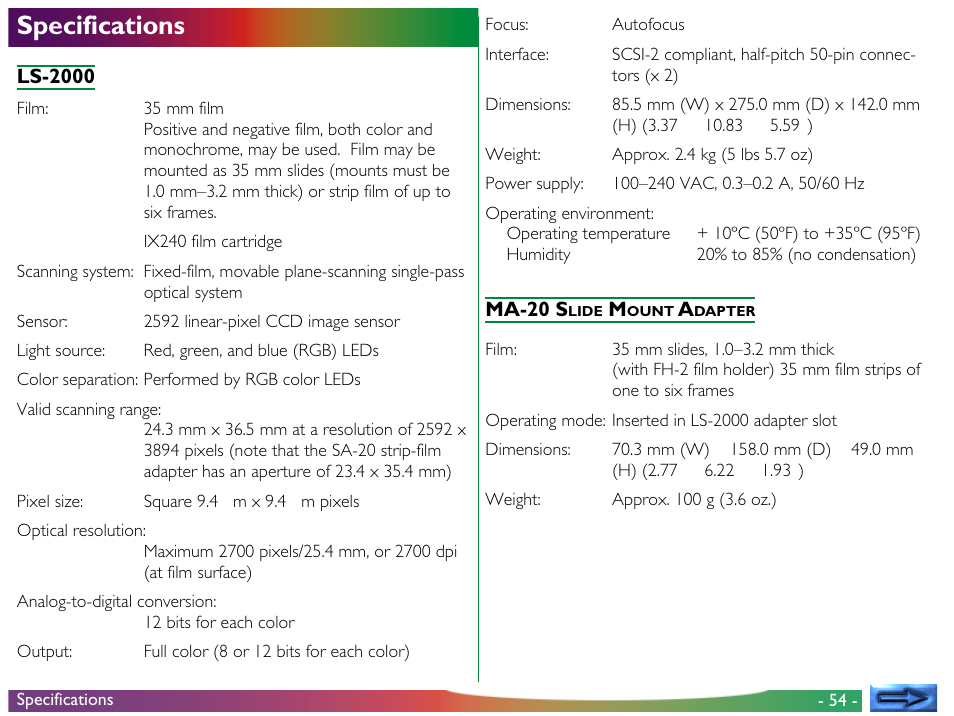 Specifications | Nikon LS-2000 User Manual | Page 54 / 56