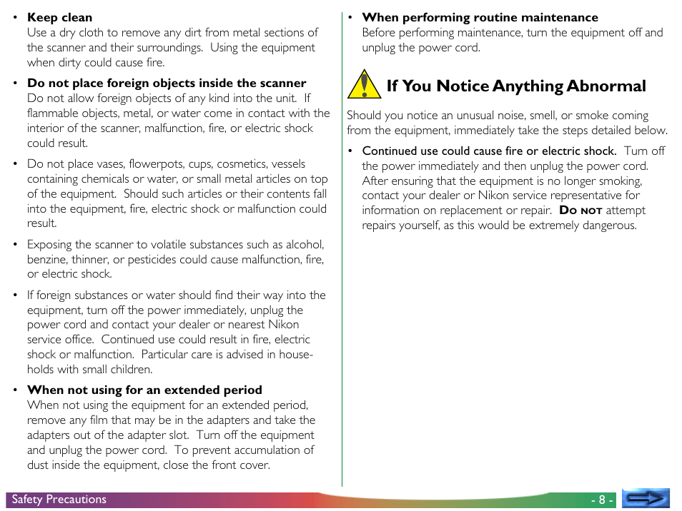 If you notice anything abnormal | Nikon LS-2000 User Manual | Page 8 / 56
