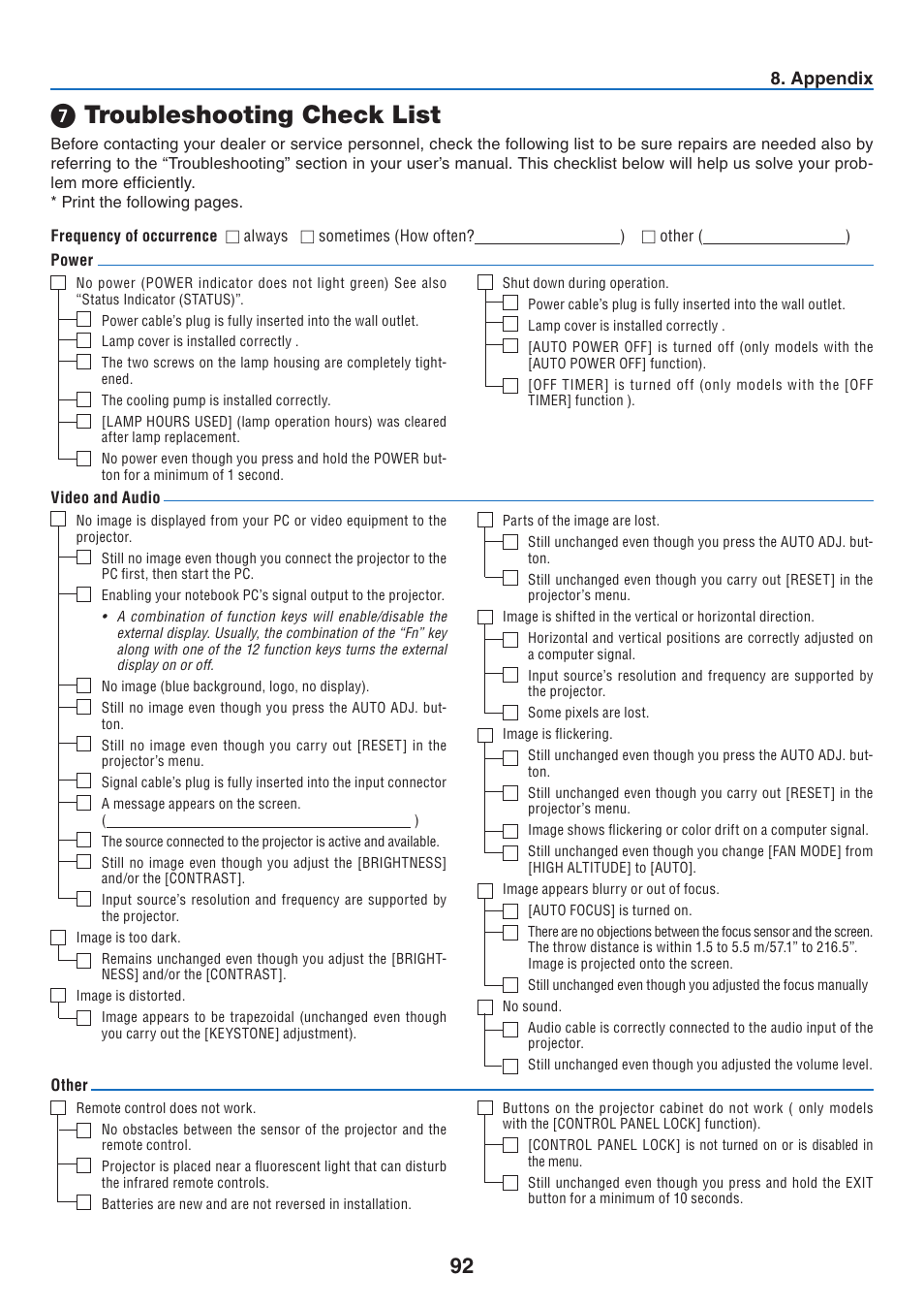 7) troubleshooting check list, Troubleshooting check list | Nikon NP64 User Manual | Page 101 / 107