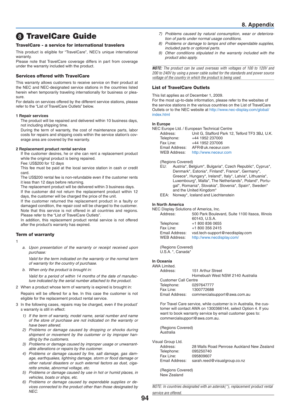 8) travelcare guide, Travelcare guide, Appendix | Nikon NP64 User Manual | Page 103 / 107