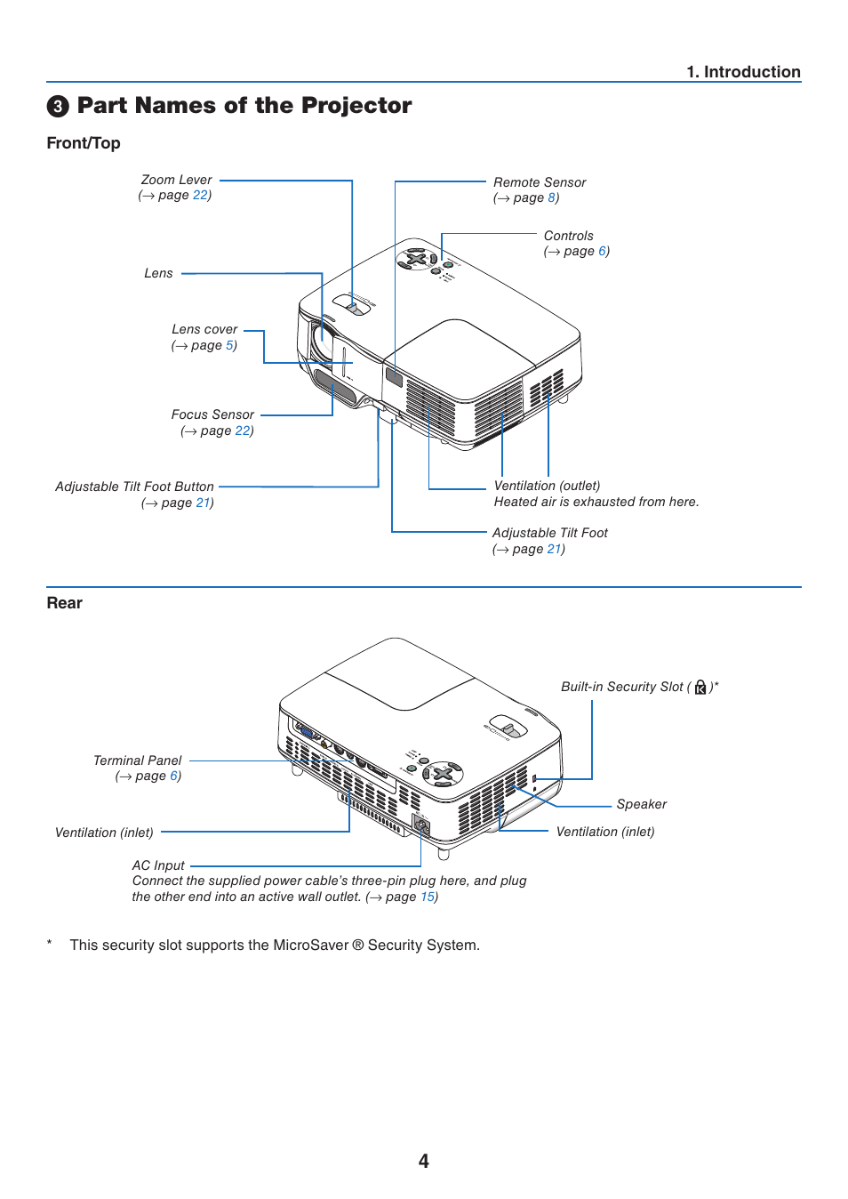 3) part names of the projector, Front/top, Rear | Part names of the projector, Front/top rear | Nikon NP64 User Manual | Page 13 / 107