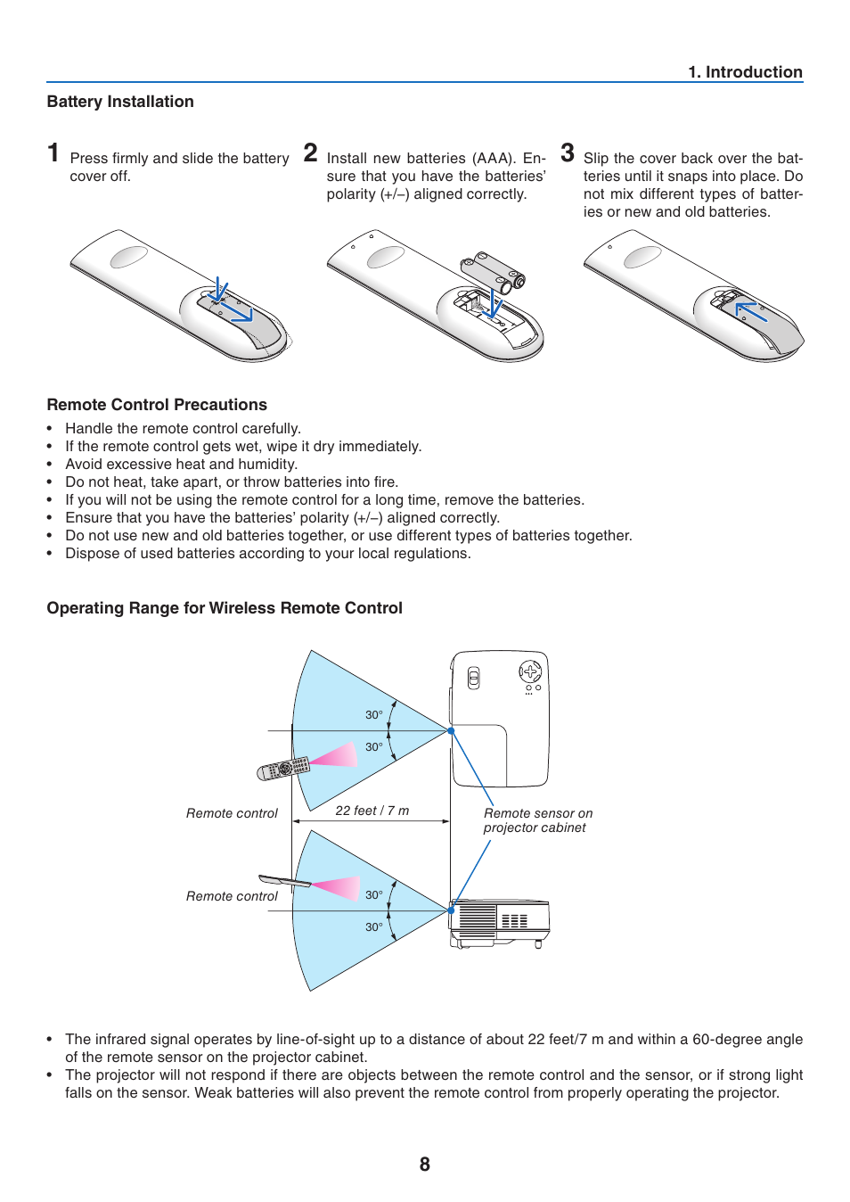 Battery installation, Remote control precautions, Operating range for wireless remote control | Nikon NP64 User Manual | Page 17 / 107