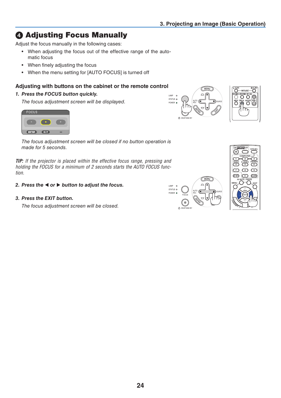 4) adjusting focus manually, Adjusting focus manually, Projecting an image (basic operation) | Nikon NP64 User Manual | Page 33 / 107
