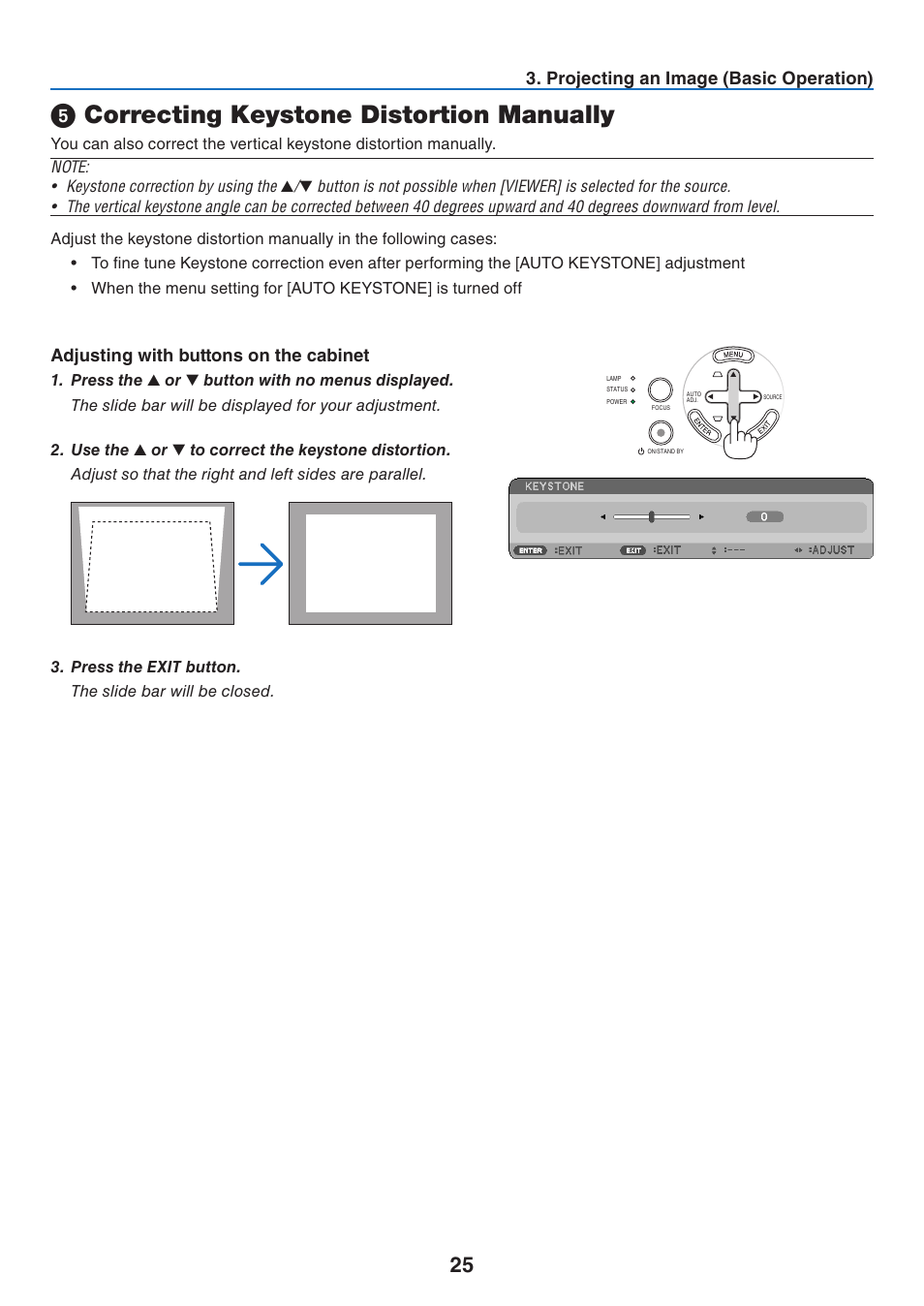 5) correcting keystone distortion manually, Correcting keystone distortion manually, Projecting an image (basic operation) | Adjusting with buttons on the cabinet | Nikon NP64 User Manual | Page 34 / 107