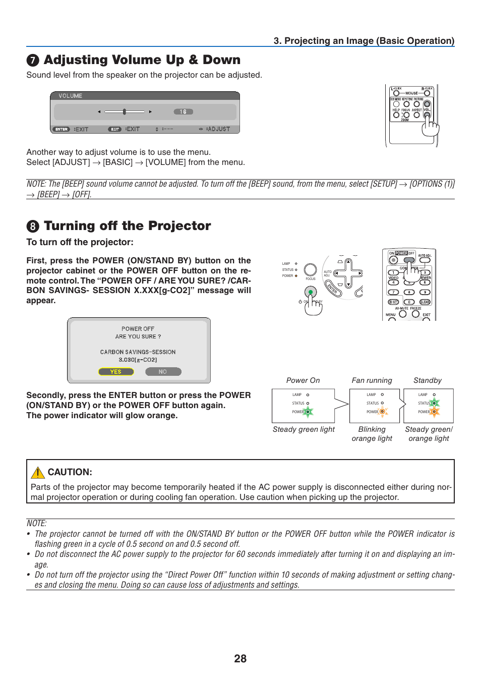 7) adjusting volume up & down, 8) turning off the projector, Adjusting volume up & down | Turning off the projector, Projecting an image (basic operation), Caution | Nikon NP64 User Manual | Page 37 / 107