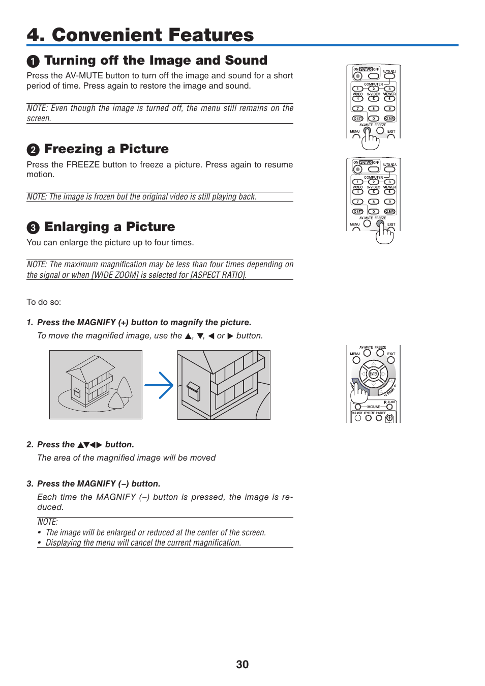 Convenient features, 1) turning off the image and sound, 2) freezing a picture | 3) enlarging a picture, 1 turning off the image and sound, 2 freezing a picture, Enlarging a picture | Nikon NP64 User Manual | Page 39 / 107