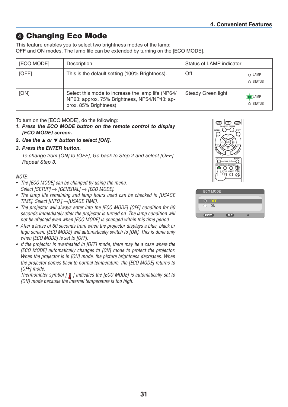 4) changing eco mode, Changing eco mode, Convenient features | Nikon NP64 User Manual | Page 40 / 107