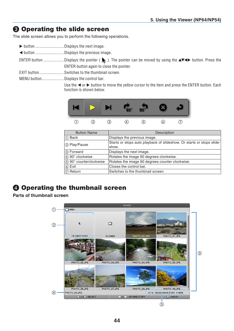 3) operating the slide screen, 4) operating the thumbnail screen, Operating the slide screen | Operating the thumbnail screen | Nikon NP64 User Manual | Page 53 / 107