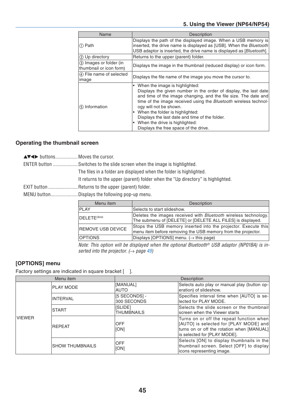 Using the viewer (np64/np54), Operating the thumbnail screen, Options] menu | Nikon NP64 User Manual | Page 54 / 107