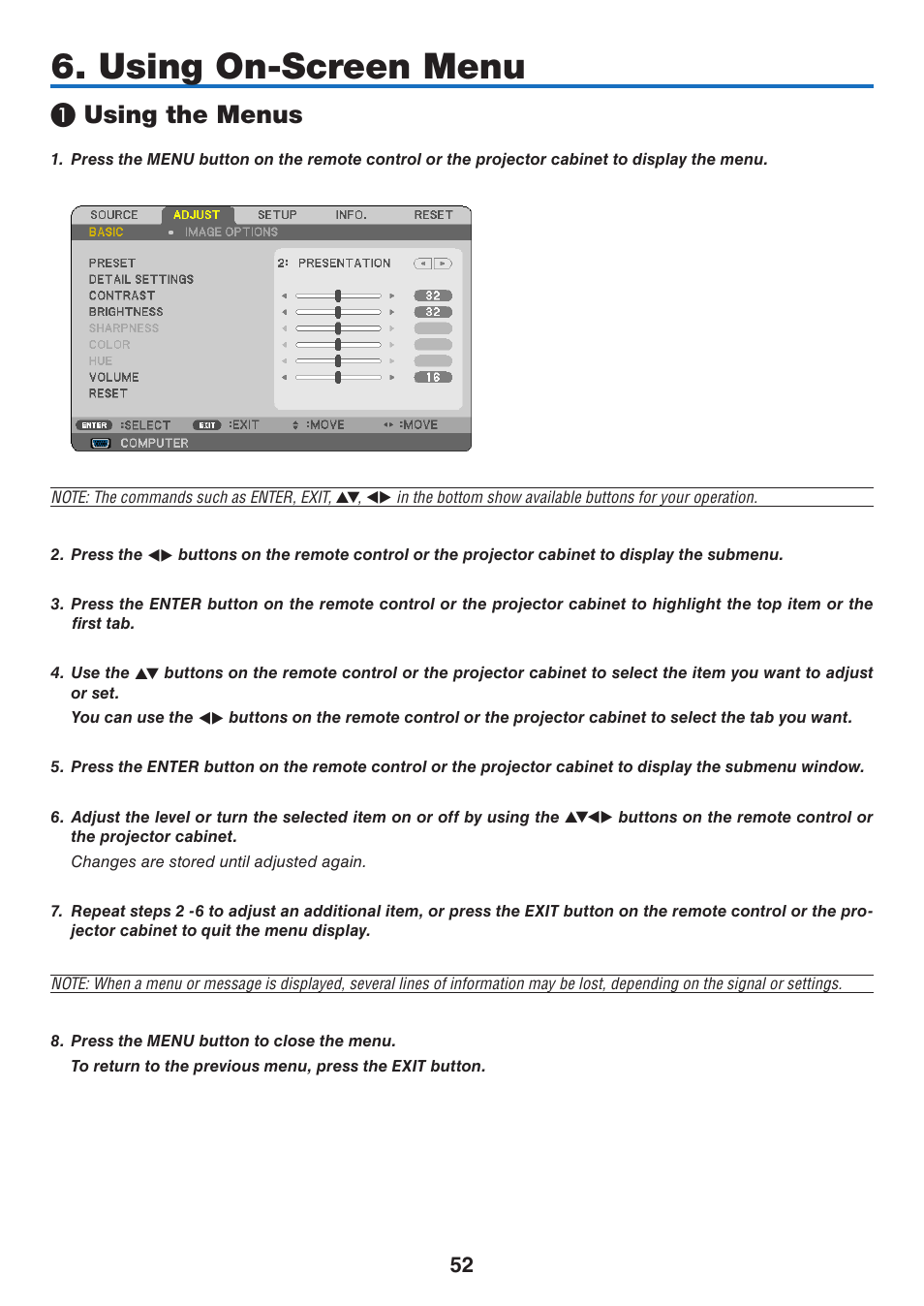 Using on-screen menu, 1) using the menus, Using the menus | Nikon NP64 User Manual | Page 61 / 107