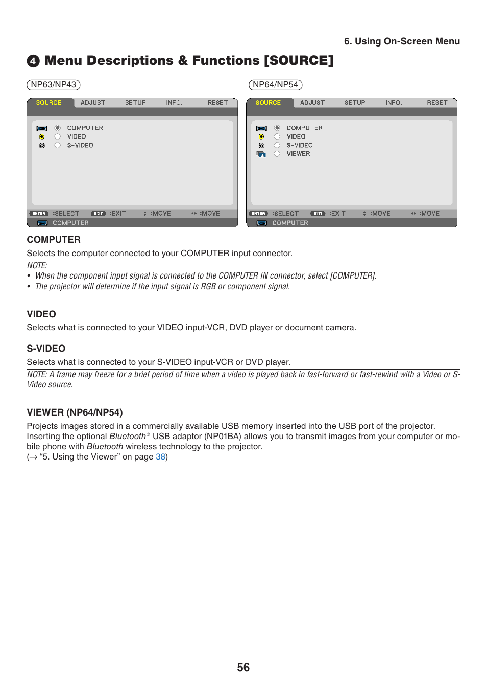 4) menu descriptions & functions [source, Computer, Video | S-video, Viewer (np64/np54), Menu descriptions & functions [source, Computer video s-video viewer (np64/np54) | Nikon NP64 User Manual | Page 65 / 107