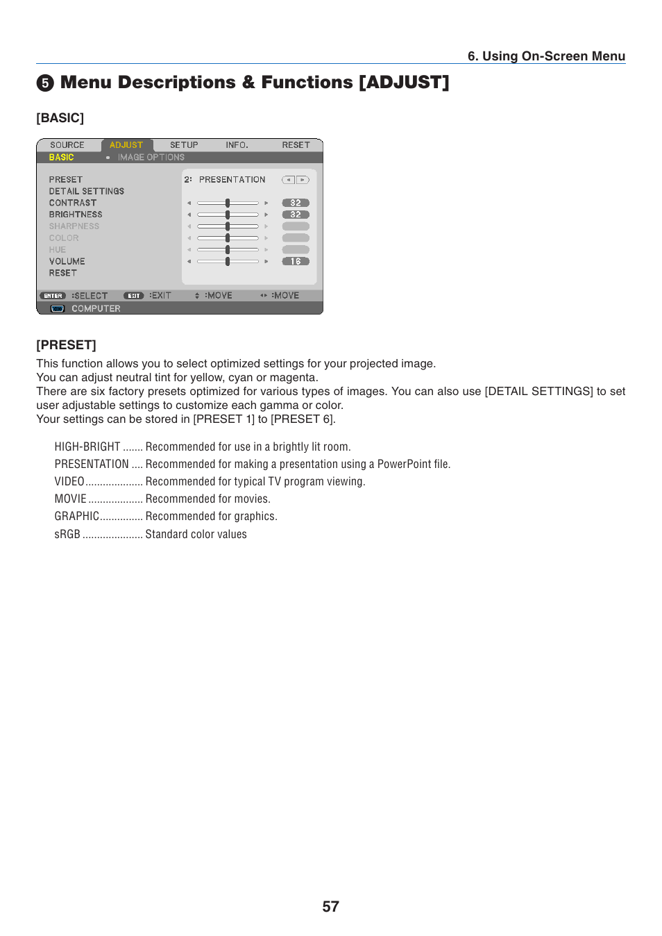 5) menu descriptions & functions [adjust, Basic, Menu descriptions & functions [adjust | Nikon NP64 User Manual | Page 66 / 107