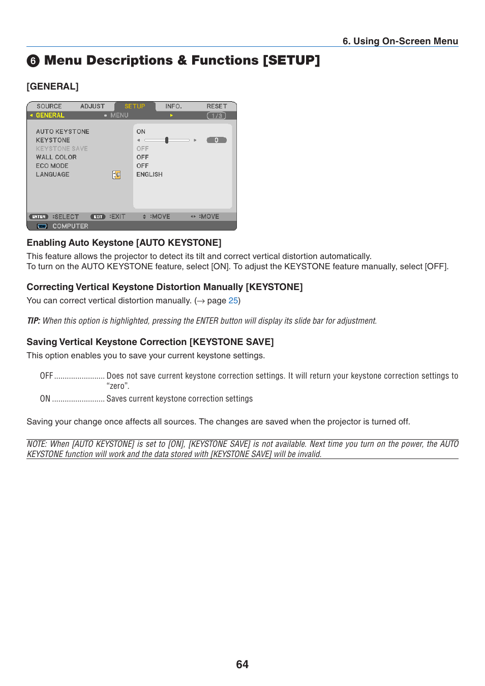 6) menu descriptions & functions [setup, General, Menu descriptions & functions [setup | Nikon NP64 User Manual | Page 73 / 107