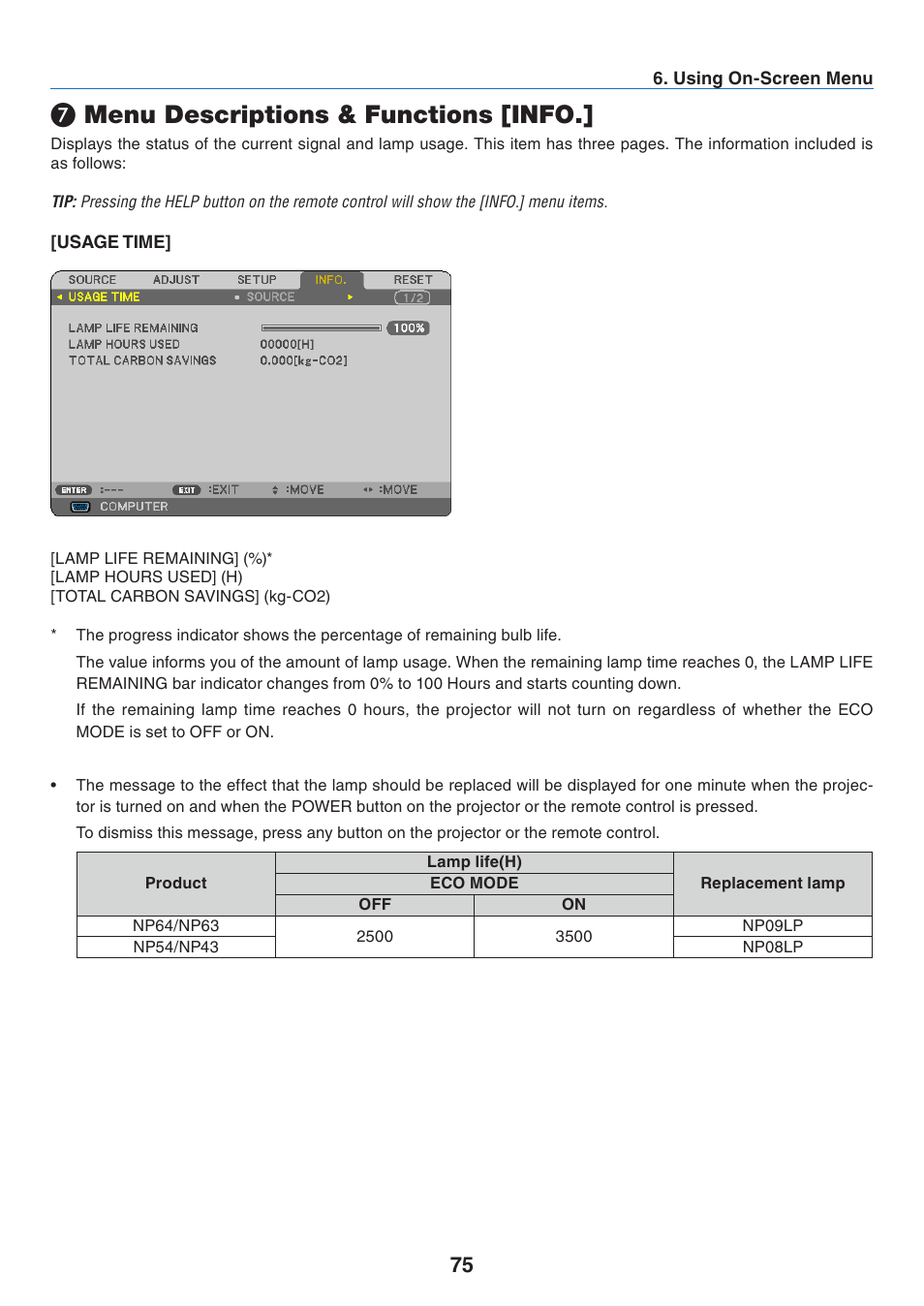 7) menu descriptions & functions [info, Usage time, Menu descriptions & functions [info | Nikon NP64 User Manual | Page 84 / 107