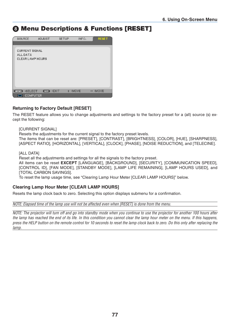 8) menu descriptions & functions [reset, Menu descriptions & functions [reset | Nikon NP64 User Manual | Page 86 / 107