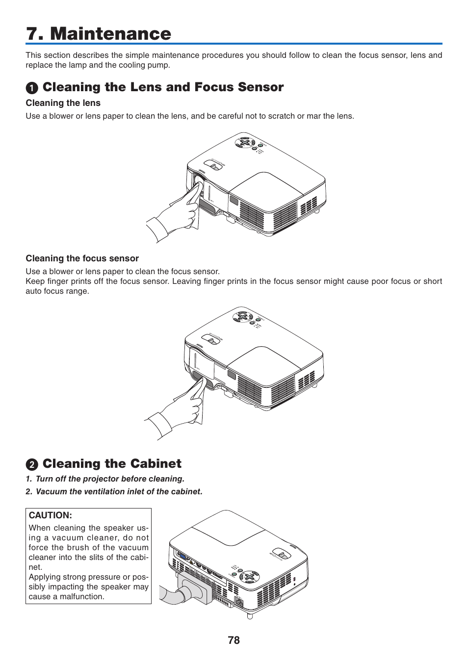 Maintenance, 1) cleaning the lens and focus sensor, 2) cleaning the cabinet | Cleaning the lens and focus sensor, Cleaning the cabinet | Nikon NP64 User Manual | Page 87 / 107
