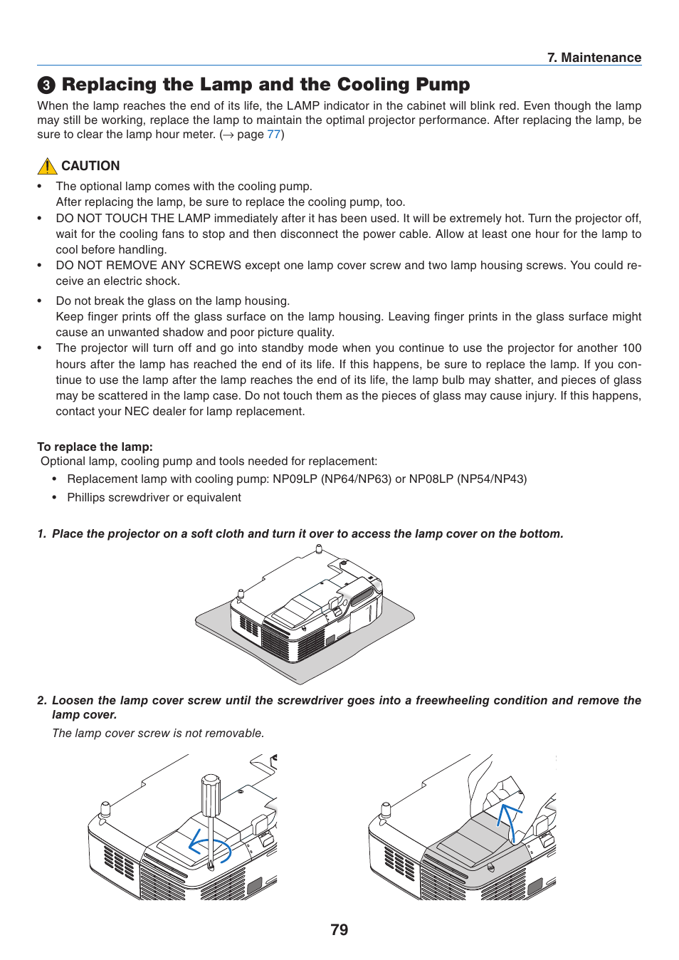 3) replacing the lamp and the cooling pump, Replacing the lamp and the cooling pump | Nikon NP64 User Manual | Page 88 / 107