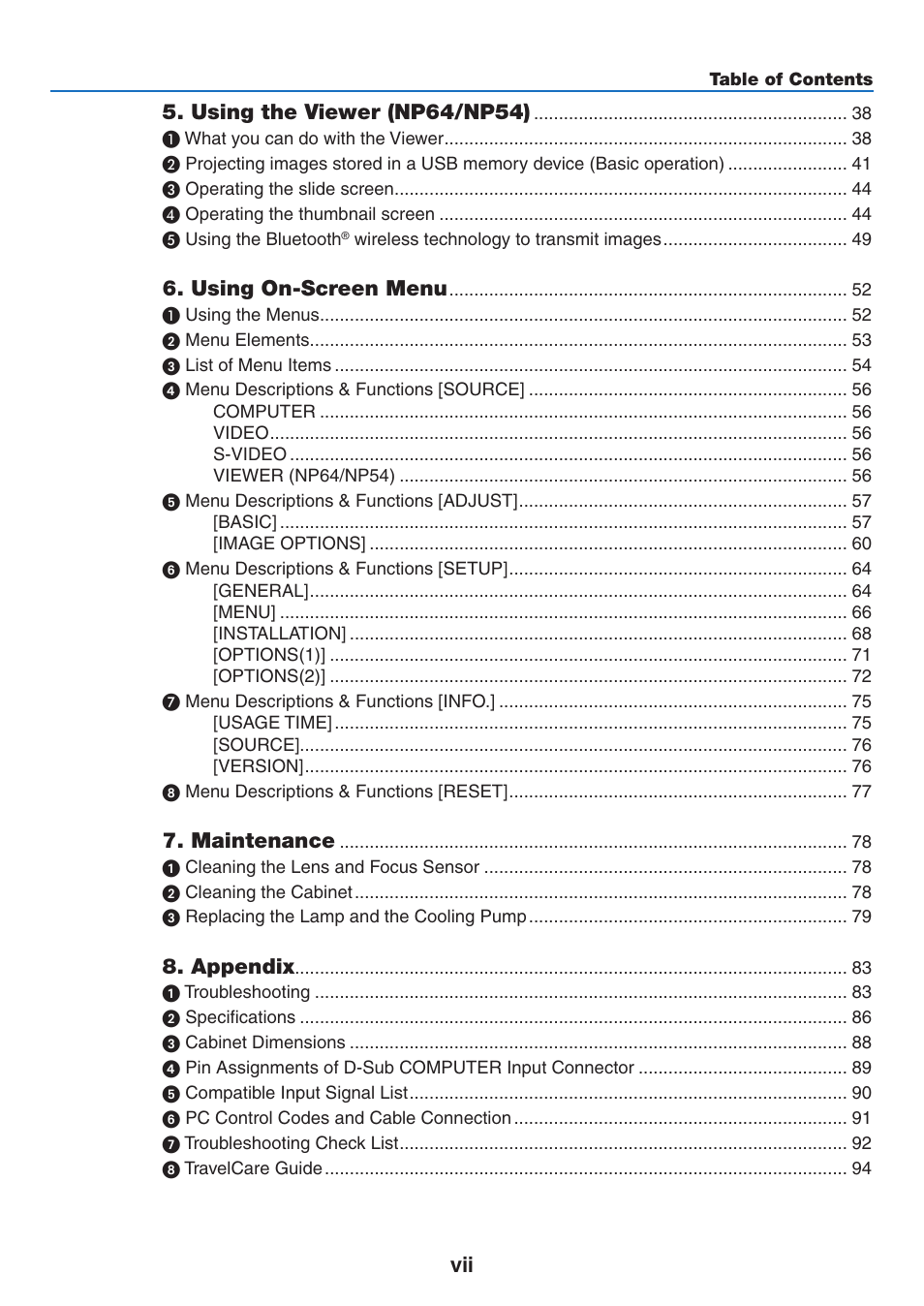 Using the viewer (np64/np54), Using on-screen menu, Maintenance | Appendix | Nikon NP64 User Manual | Page 9 / 107