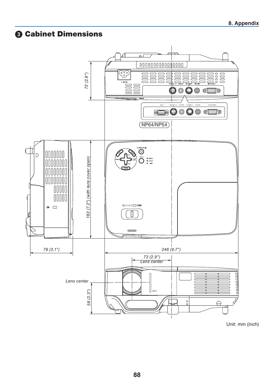 3) cabinet dimensions, Cabinet dimensions, Appendix | Nikon NP64 User Manual | Page 97 / 107
