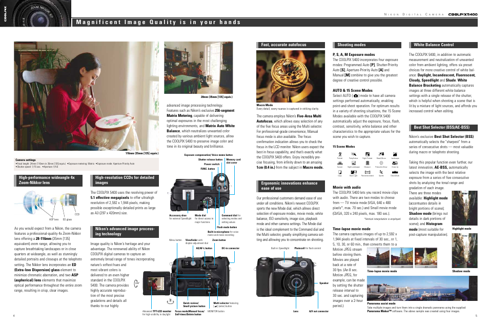 Fast, accurate autofocus, Best shot selector (bss/ae-bss), Shooting modes | High-performance wideangle 4x zoom-nikkor lens | Nikon Coolpix 5400 User Manual | Page 3 / 4