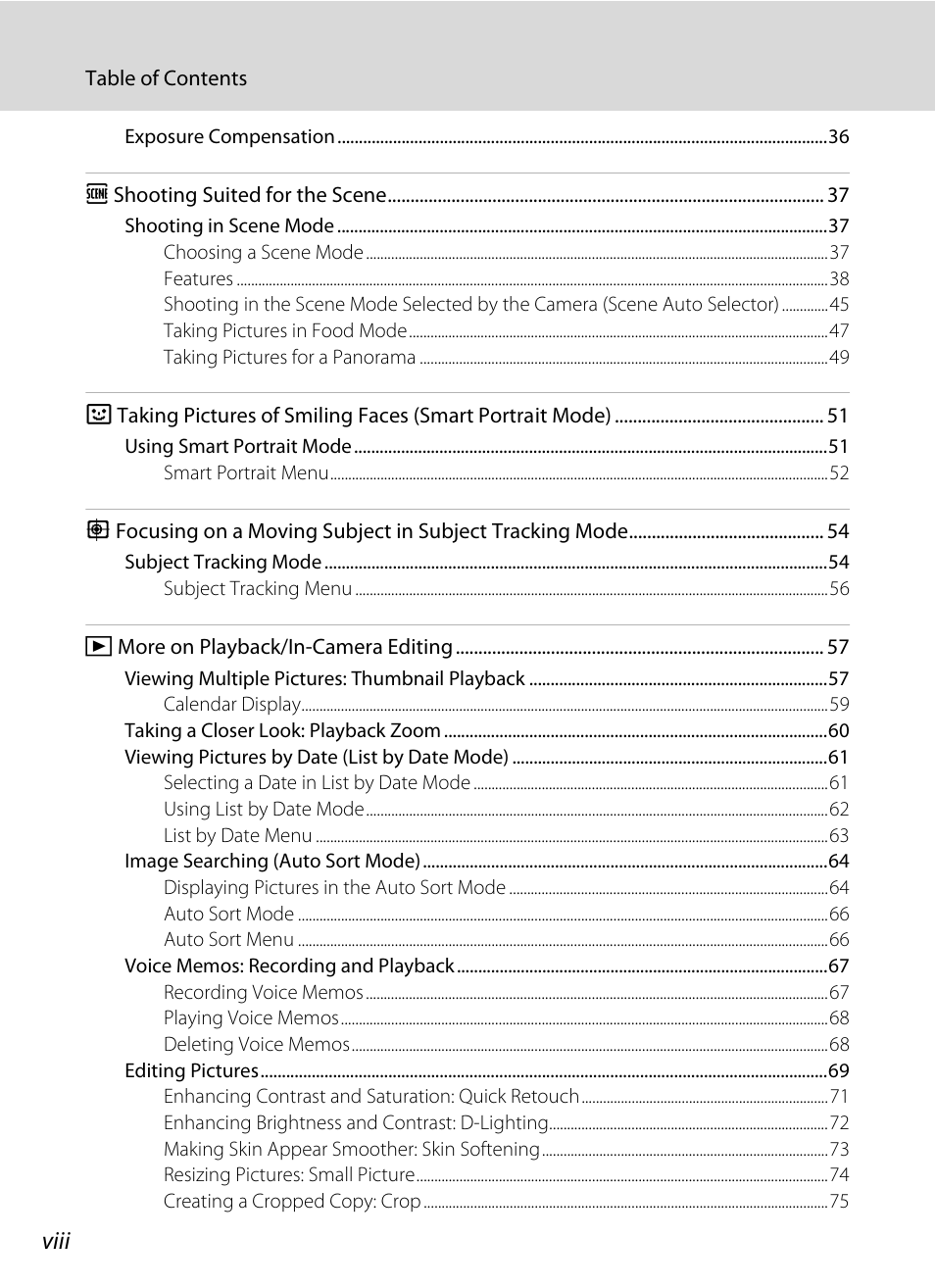 Viii | Nikon Coolpix S640 User Manual | Page 10 / 176