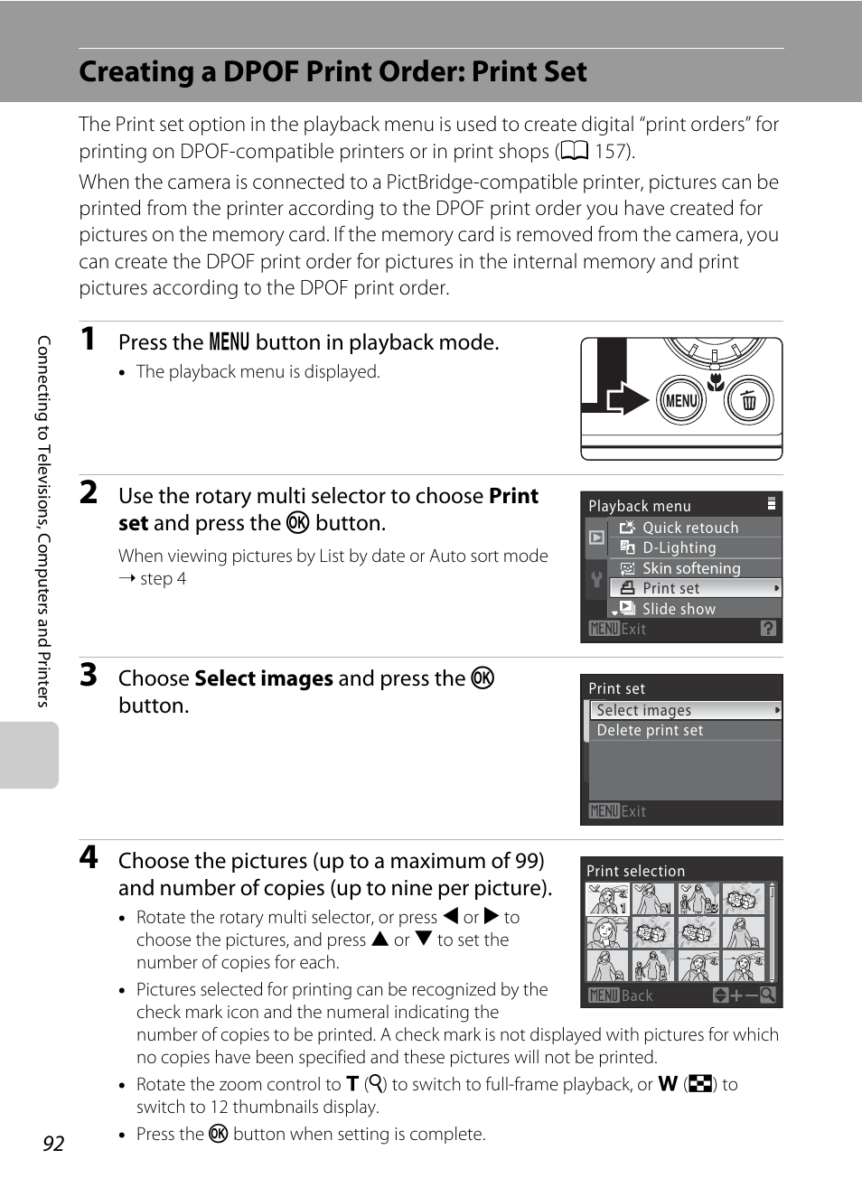 Creating a dpof print order: print set, A 92, A 92) | Press the d button in playback mode, Choose select images and press the k button | Nikon Coolpix S640 User Manual | Page 104 / 176