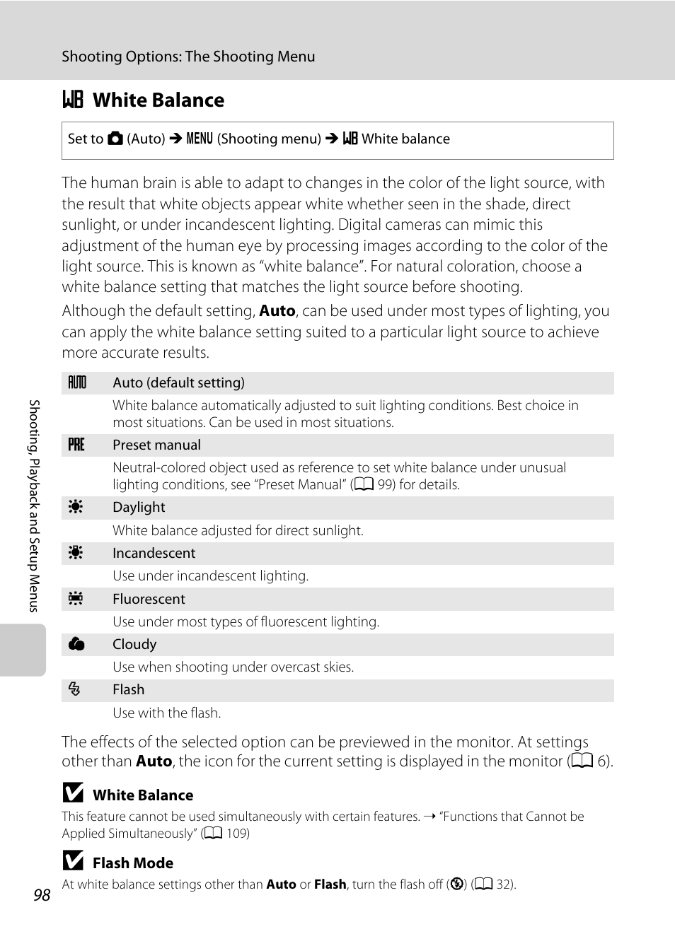 White balance, B white balance, A 98) | Bwhite balance | Nikon Coolpix S640 User Manual | Page 110 / 176