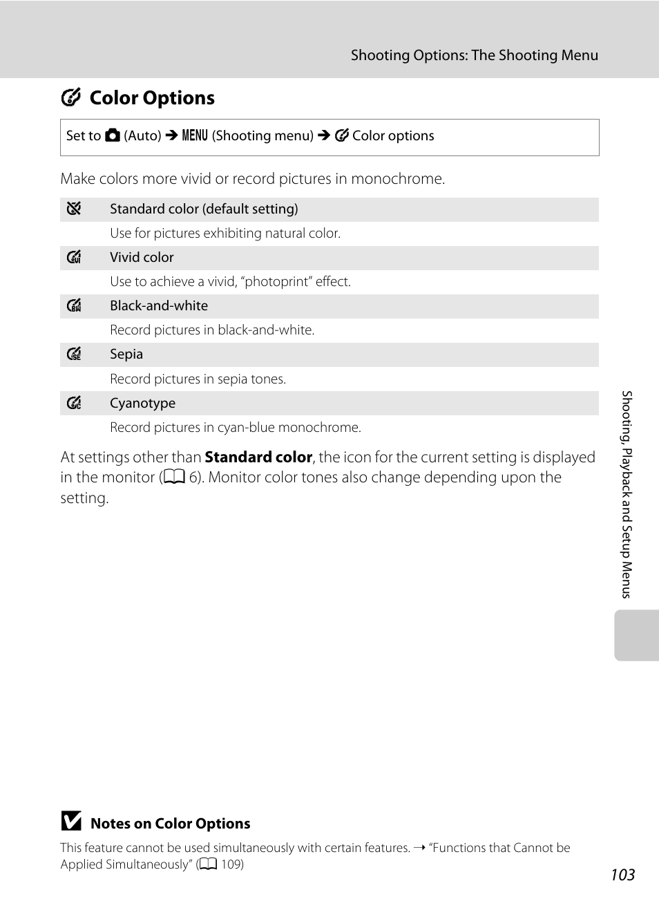 Color options, F color options, Fcolor options | Nikon Coolpix S640 User Manual | Page 115 / 176