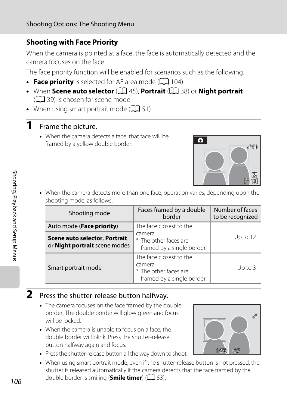 A 106) will, Shooting, With face priority | A 106), Shooting with face priority, A 106), th | Nikon Coolpix S640 User Manual | Page 118 / 176