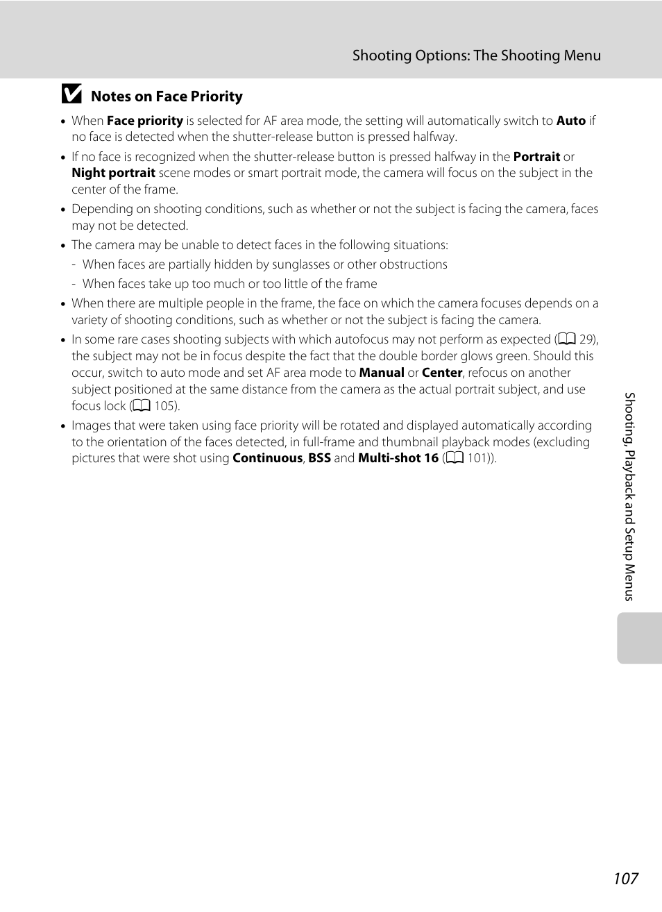 Notes on face priority” (a 107) | Nikon Coolpix S640 User Manual | Page 119 / 176