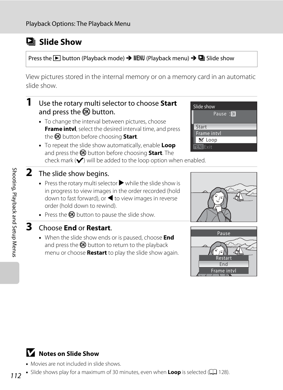 Slide show, B slide show, A 112 | Bslide show | Nikon Coolpix S640 User Manual | Page 124 / 176
