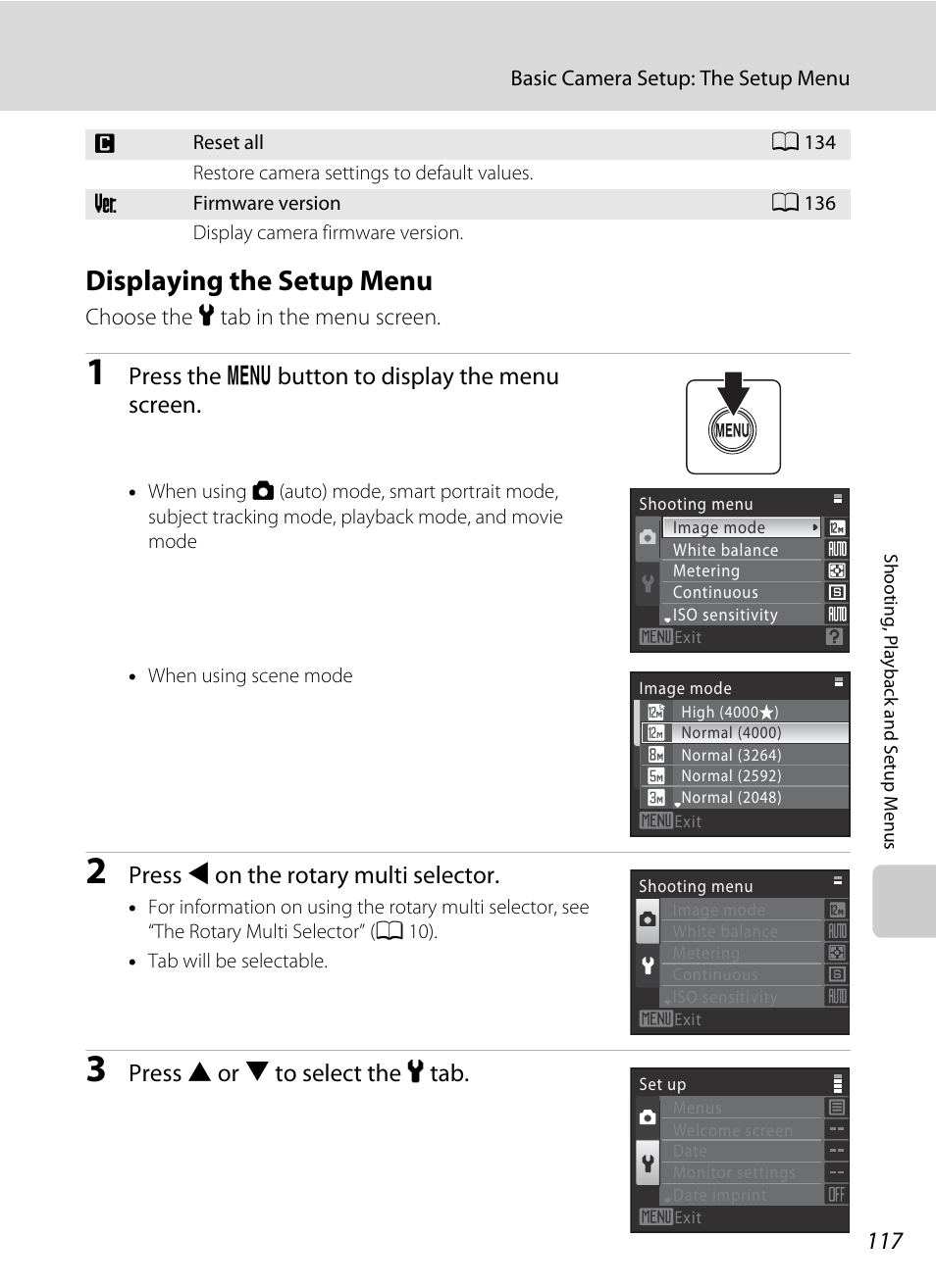 Displaying the setup menu, Press the d button to display the menu screen, Press j on the rotary multi selector | Press h or i to select the z tab | Nikon Coolpix S640 User Manual | Page 129 / 176