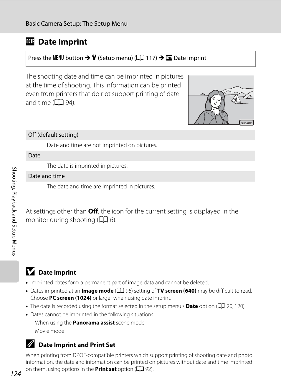 Date imprint, F date imprint, A 124 | Fdate imprint | Nikon Coolpix S640 User Manual | Page 136 / 176