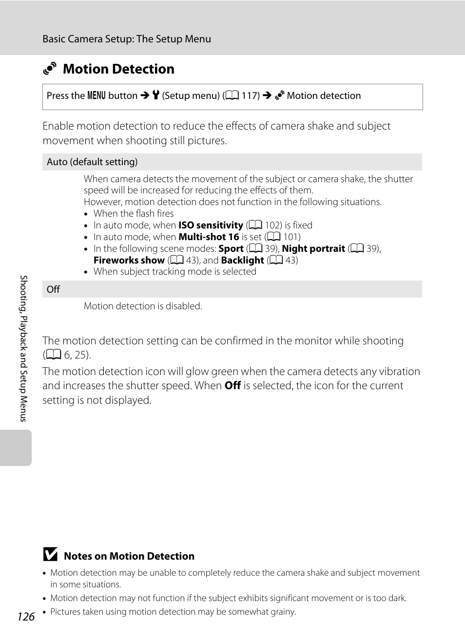 Motion detection, U motion detection, A 126) i | A 126) will not function, Umotion detection | Nikon Coolpix S640 User Manual | Page 138 / 176