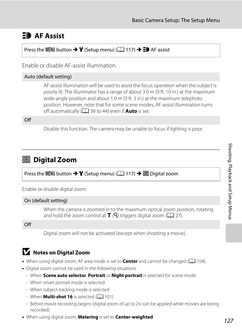 Af assist, Digital zoom, H af assist u digital zoom | A 127) in, A 127) may l, A 127) does not, Haf assist, Udigital zoom | Nikon Coolpix S640 User Manual | Page 139 / 176