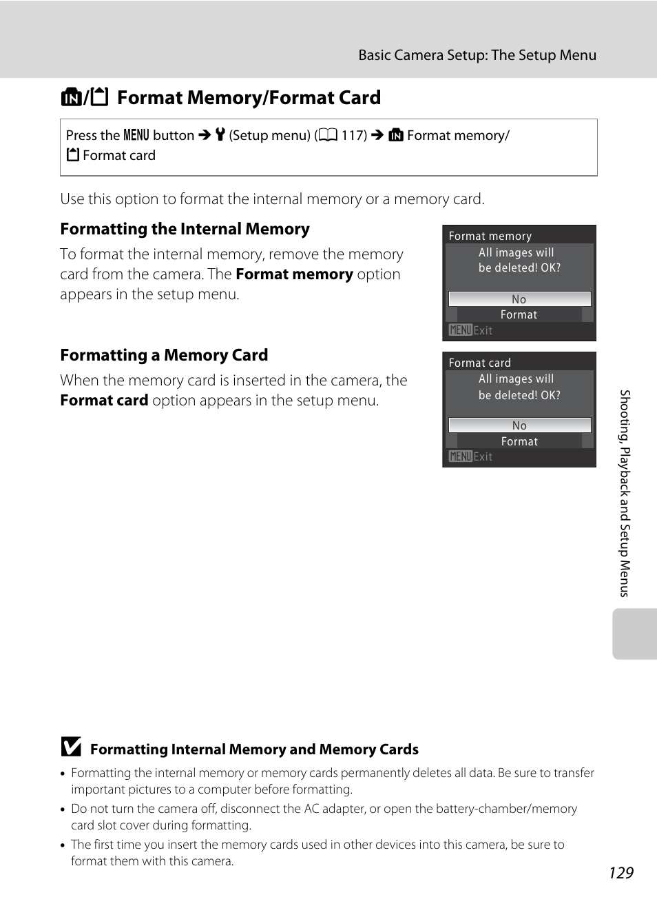 Format memory/format card, L/m format memory/format card, A 129) | Nikon Coolpix S640 User Manual | Page 141 / 176