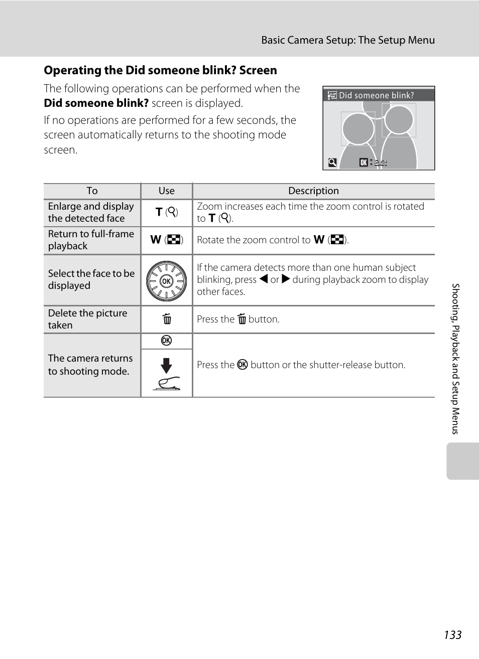 Operating the did someone blink? screen” (a 133), Operating the did someone blink? screen | Nikon Coolpix S640 User Manual | Page 145 / 176