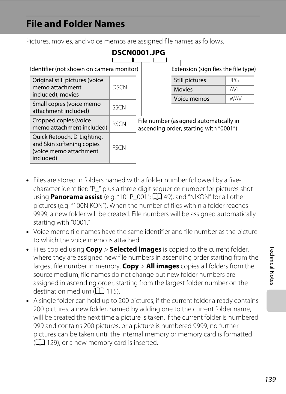 File and folder names, Ee “file and folder names, A 139) for | A 139), A 139) from the, Dscn0001.jpg | Nikon Coolpix S640 User Manual | Page 151 / 176