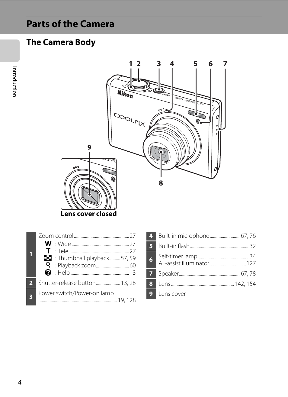 Parts of the camera, The camera body | Nikon Coolpix S640 User Manual | Page 16 / 176