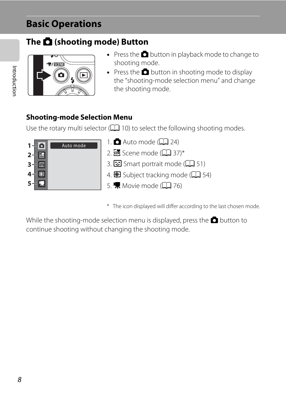 Basic operations, The (shooting mode) button, The a (shooting mode) button | Nikon Coolpix S640 User Manual | Page 20 / 176
